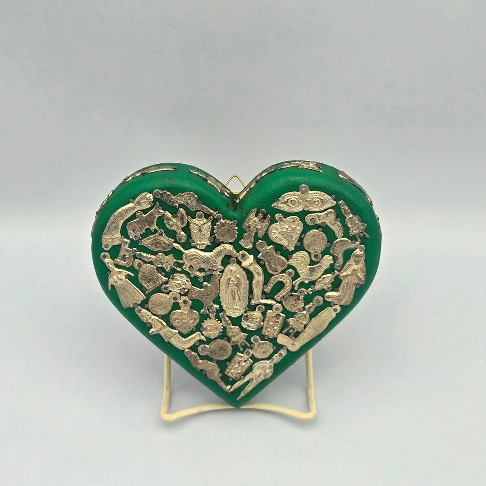 Mexican Milagros Green Painted Wood Heart Plaque Folk Art Wall Hanging Guadalupe